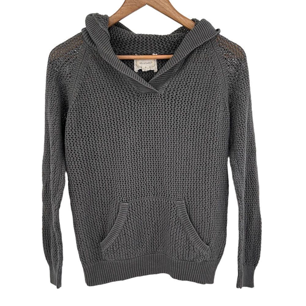 Shirt 469 gray open weave linen blend hooded sweater size small